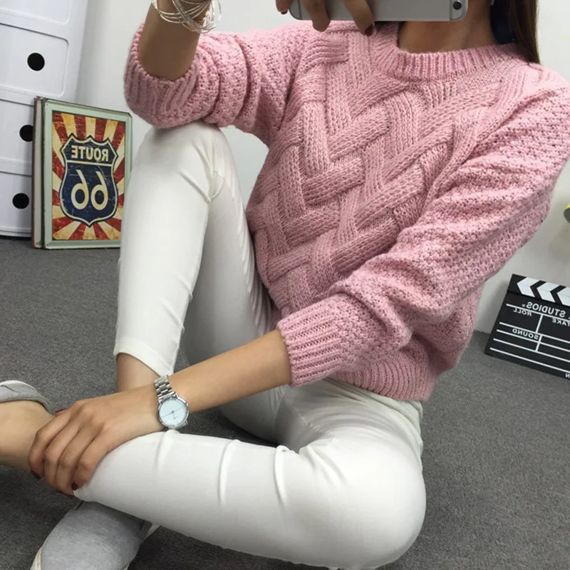 Winter O-neck Women's Sweater Jersey Woman Mohair Knitted Twisted Thick Warm Lady's Pullover 2018 College Jumper Women Pink Gray