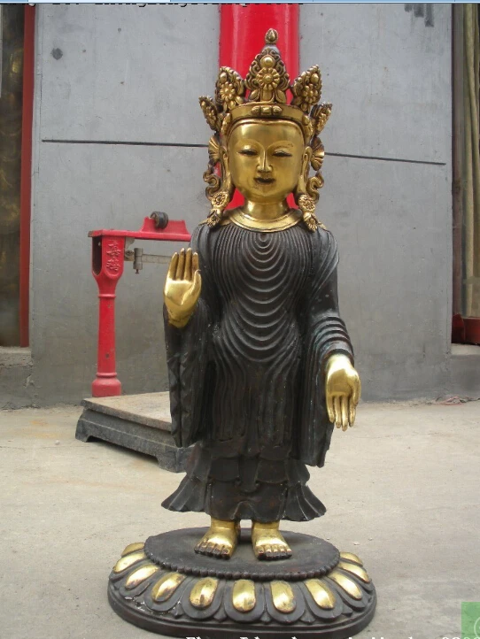 

free 22"China Tibet Buddhism 100% Bronze 24K gold-plated Stand Sakyamuni Buddha Statue fast