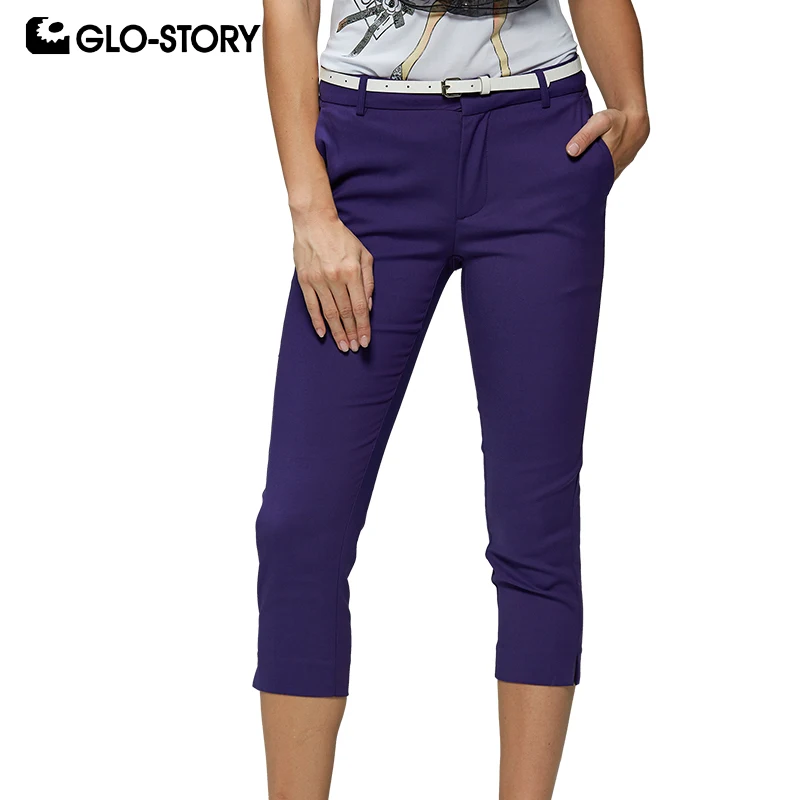 GLO-STORY 2019 الصيف جديد المرأة منتصف الخصر الصلبة اقتصاص السراويل مع حزام السراويل المستقيمة متعددة اللون سيدة أسفل WSK-7987