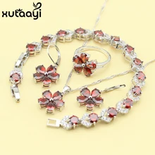 Rojo Granate Sintético Venta Caliente Color Plata de la Manera Sistemas de La Joyería Para Las Mujeres Dulce Collar de La Boda Anillos Pendientes Pulsera