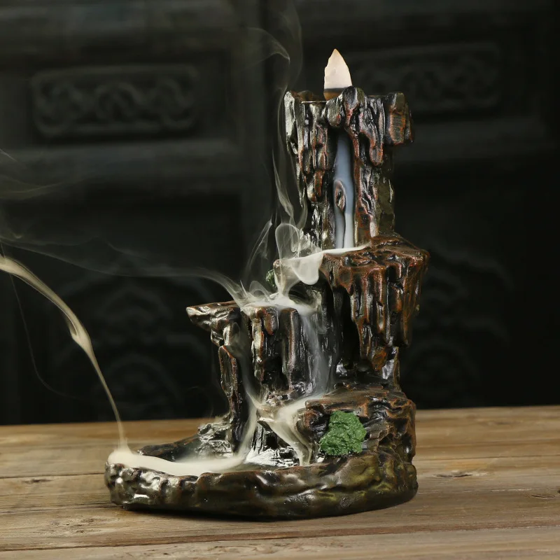 With 10pcs Incense Cones Resin Backflow Incense Burner Mountain Stream