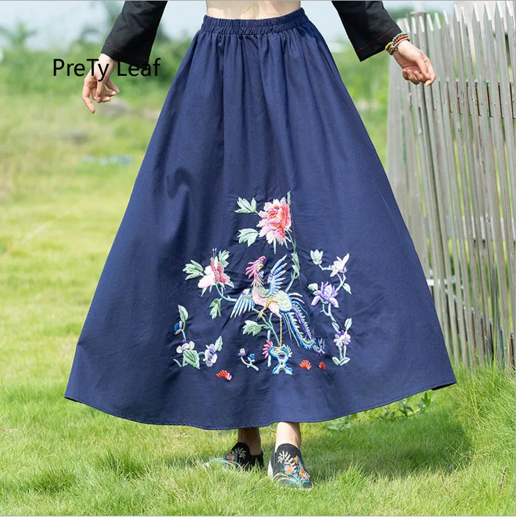 

National style 2018 new autumn loose cotton and linen embroidered skirt female