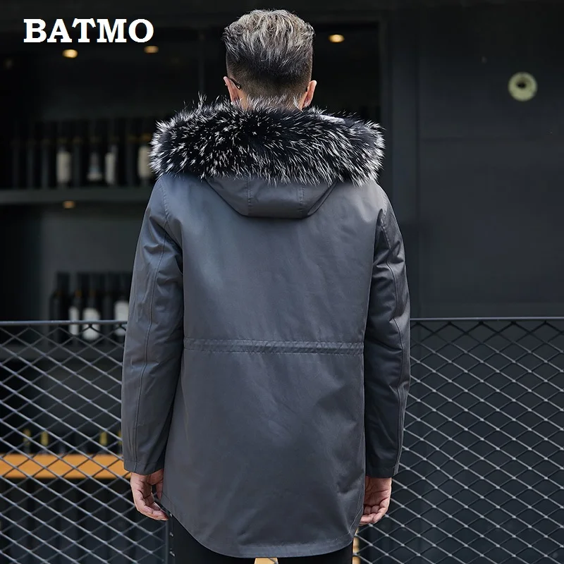Batmo Новое поступление зимняя высококачественная теплая куртка с капюшоном из кроличьего меха, синяя мужская куртка, парки с воротником из меха енота для мужчин 1820