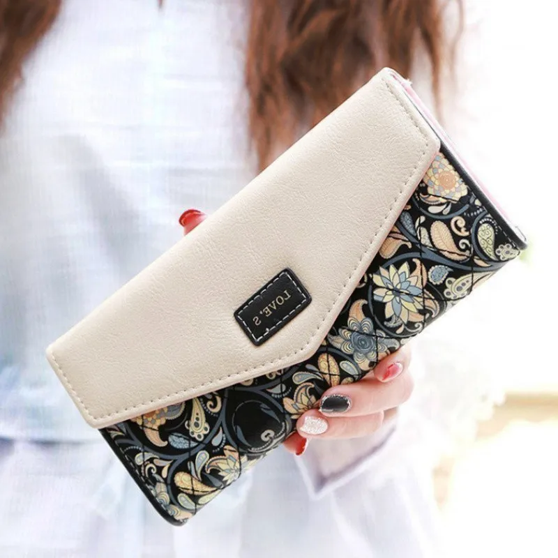 

2015 Envelope Leather Women Wallet Hit Color 3 Fold Flowers Printing Wallet Long Ladies Clutch Coin Purse Designer Brand Wallet