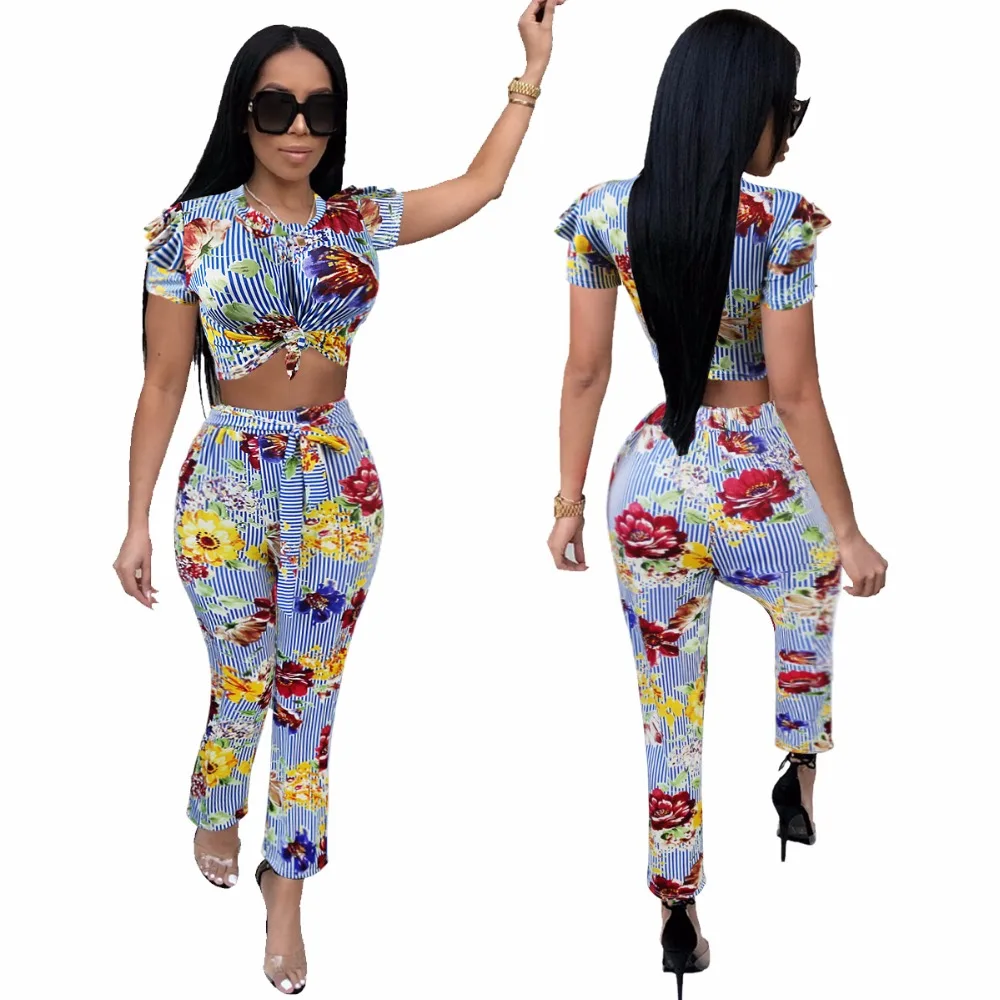 

2018 New Arrival Summer Two Piece Set Women Fashion flower Print Elegant O-Neck 2 Piece Set Sexy Slim Plus Size Women Suit