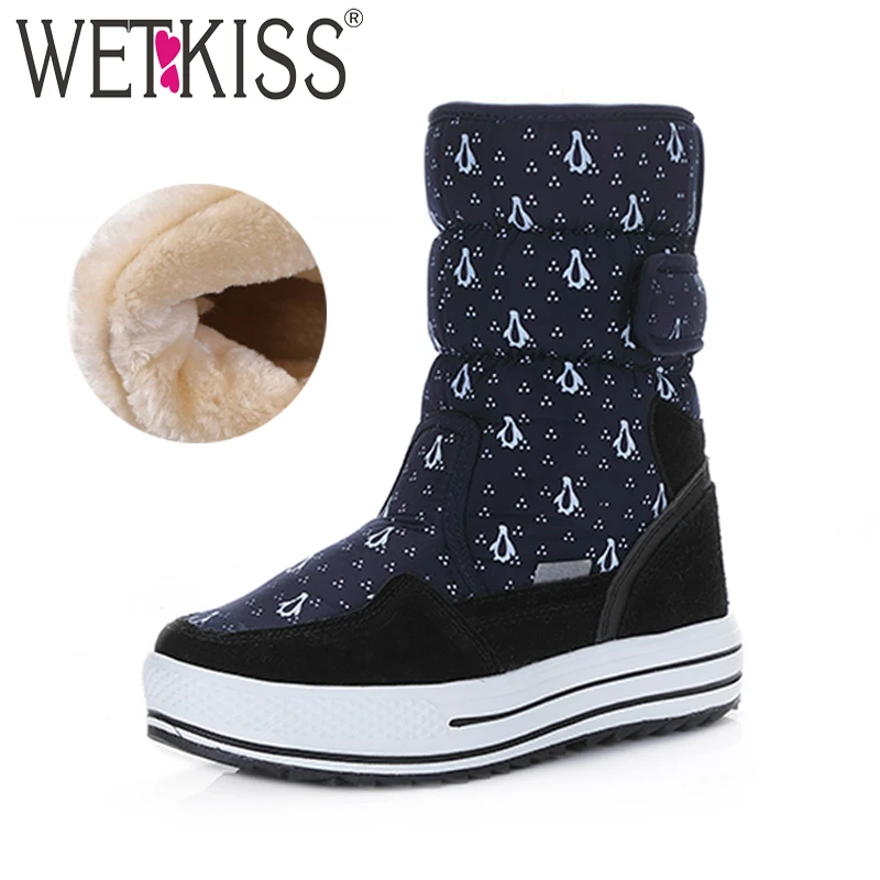 

WETKISS Winter Warm Thick Plush Women Boots Round Toe Print Footwear Casual Platform Female Snow Boot Warm Shoes Woman 2018 New