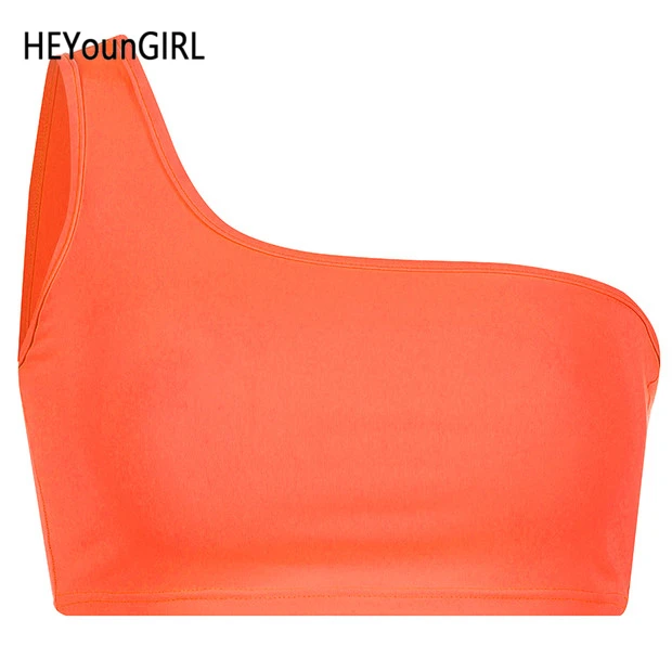 HEYounGIRL, сексуальный топ без рукавов, для женщин, на одно плечо, с открытыми плечами, топы, футболки, однотонные, розовые, неоновые, зеленые, на бретелях, женская летняя уличная одежда - Цвет: Оранжевый