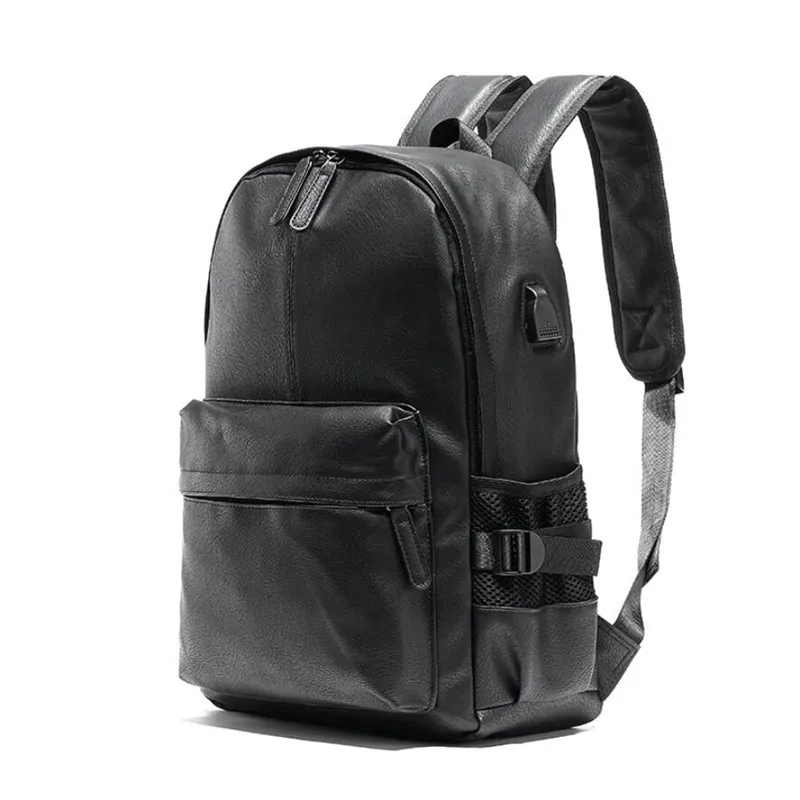 

14 Inch Notebook Backpack Black Leather Backpack for Men USB Charging Male Travel Backpack College Student Rucksacks