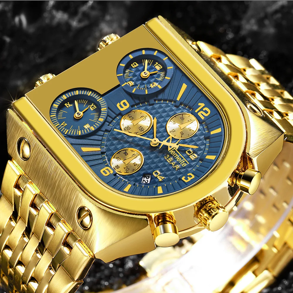 Роскошные золотые мужские часы из нержавеющей стали, кварцевые часы temeite, Брендовые мужские наручные часы с тремя часовыми поясами, многофункциональные креативные водонепроницаемые часы