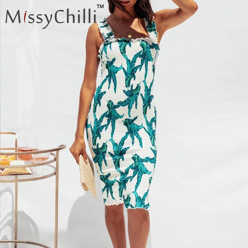

MissyChilli Green casual ruffle floral print dress Women sexy bodycon holiday beach long dress Summer elegant boho club sundress