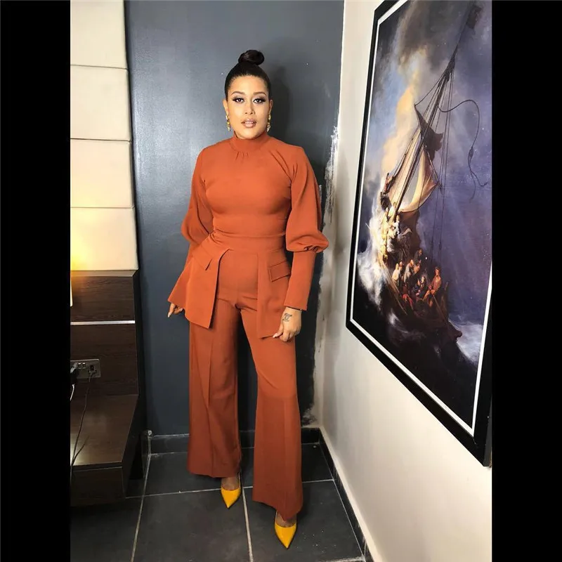 

Rompers Long Sleeve Stand Collar 2019 Spring Wide Leg Pants Jumpsuits Brown Solid Regular Bodysuit Casual Wide Leg Jumpsuits