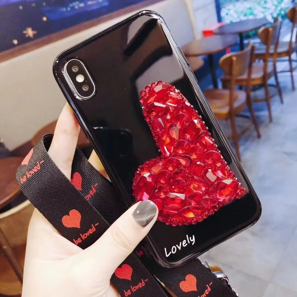 

ORYKSZ Silicone Case For iPhone 6 6S Case Luxury Rhinestone Hang Rope TPU Phone Silicone Cover For iPhone 7 8 Plus X Back Coque