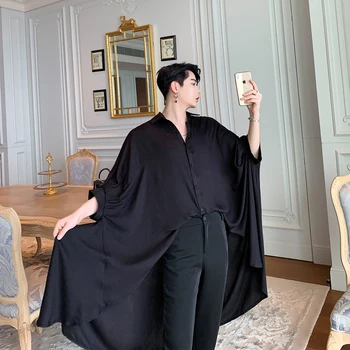 

Male Women Street Gothic Punk Stage Show Long Shirts Men Irregular Big Hem Bat Short Sleeve Oversize Loose Black White Shirt