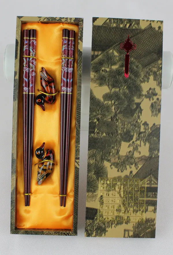 New 2Pairs Chinese Handmade Vintage wooden Chopsticks And Brackets Gift Set