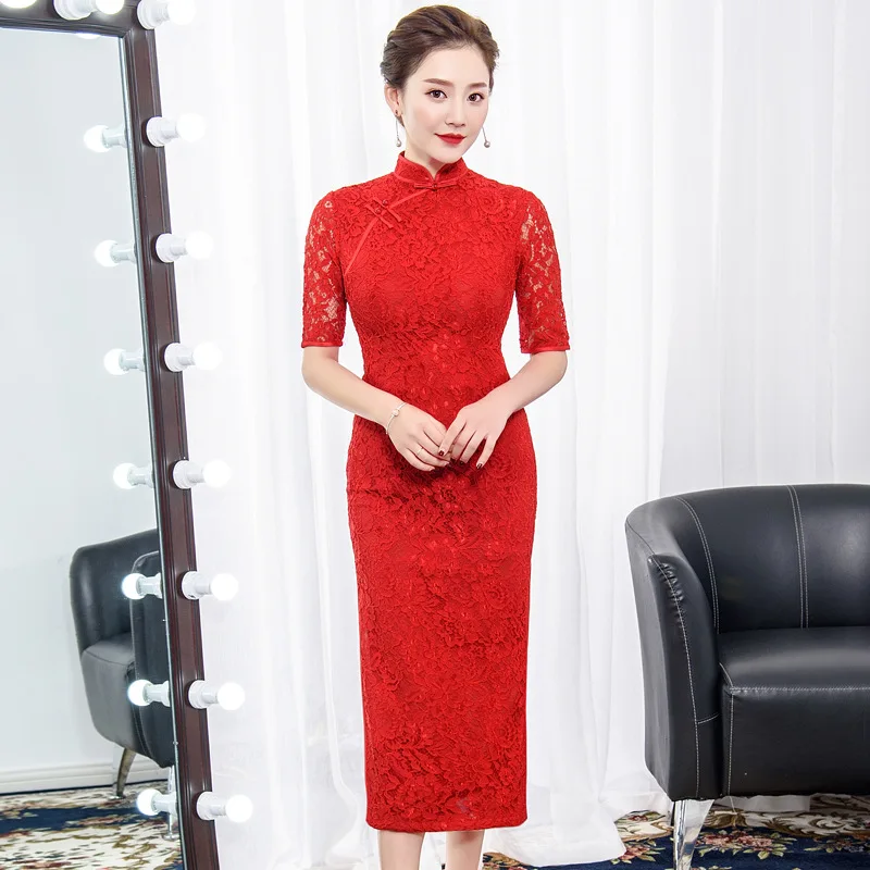 Традиционный китайский Кружево длинное платье Для женщин красный Cheongsam Размеры S до 2XL