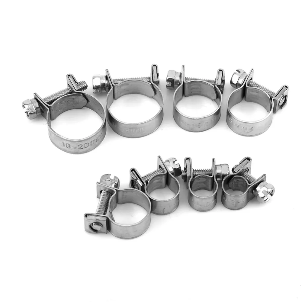 Хомут 7 мм. Шланговый зажим // Hose Clamp - Mikalor - non Perf SS Clamp - dia 30-45 mm - 72 mik3045. Хомут 8-10  (зажим топливопровода 8-10 мм индикатор МЗ Ромет). Хомут топливный 10мм Nova. Хомут 10-16 мм (нержавеющая сталь) OBERKRAFT.