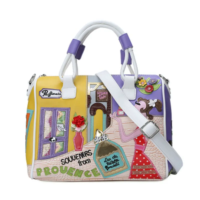 

2017 women's 3D flower embroidery boston bag cartoon patchwork big tote fun handbag with city girl printing shoulder bags bolsas