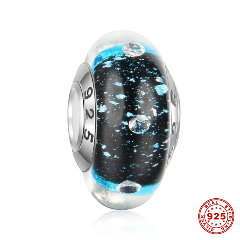 5pcs/lot S925 Sterling Silver Core Black Blue Sands Lampwork Murano Glass Beads For European Charm Bracelets Necklaces DSG06 | Украшения и