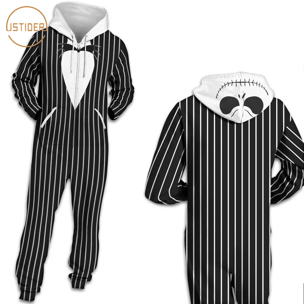 

ISTider 2018 New Autumn/Winter Clothing Hooded Hoodies Jumpsuits Women/Men 3D Cartoon Panda Black White Stripe Rompers Playsuits