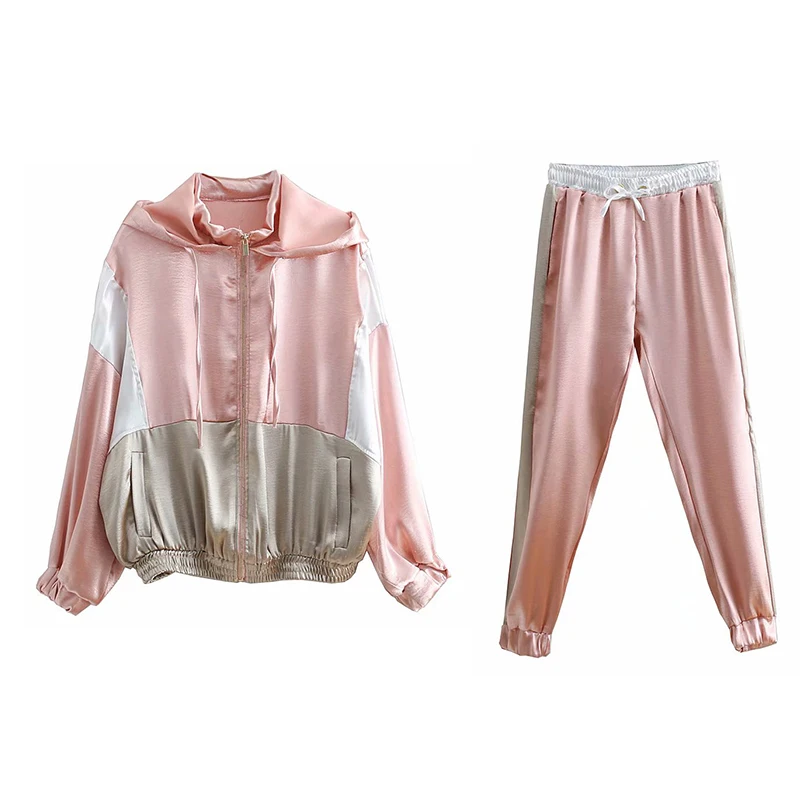 

Women Pink Casual Two Piece Set Tracksuit 2019 Spring-Summer Hooded Jacket With Pants Female Joggers Sportswear ensemble femme