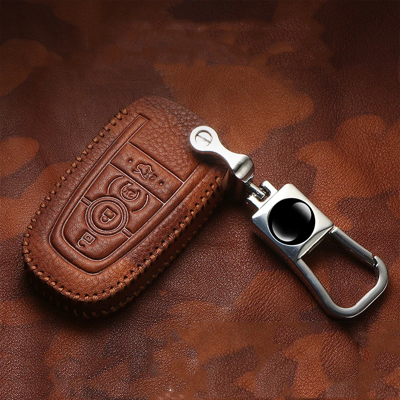 

Genuine Leather key case cover For Ford Fusion Mustang Explorer F-150 F-250 F-350 2017 2018 Remote Key Fob Shell 5 Button Retro