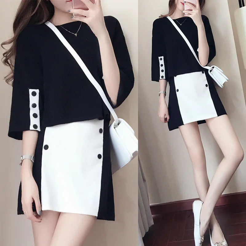 

2017, fall, winter, new hit color, loose seven points, sleeve knit sweater, hip , two sets of dresses