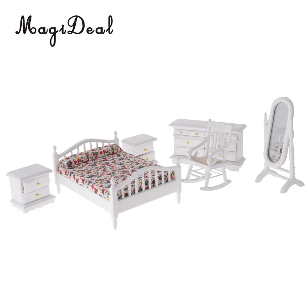 European Retro Design 1:12 Dollhouse Miniature White Wooden Bedroom Double Bed Dresser Mirror Chair Furniture Accs Kids Toys