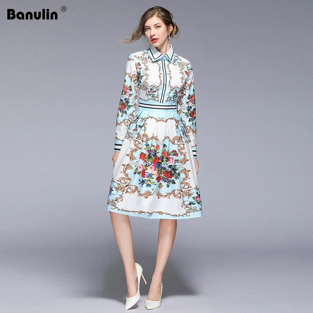 Banulin Новое поступление модное подиумное весеннее женское платье с длинным рукавом элегантное приталенное платье до колена с цветочным принтом B5797