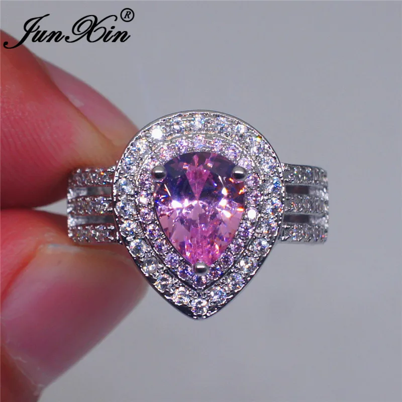 

JUNXIN Pear Cut Pink Stone Engagement Rings For Women 925 Silver Filled Teardrop Zircon Austrian Crystal Ring Female Wedding CZ