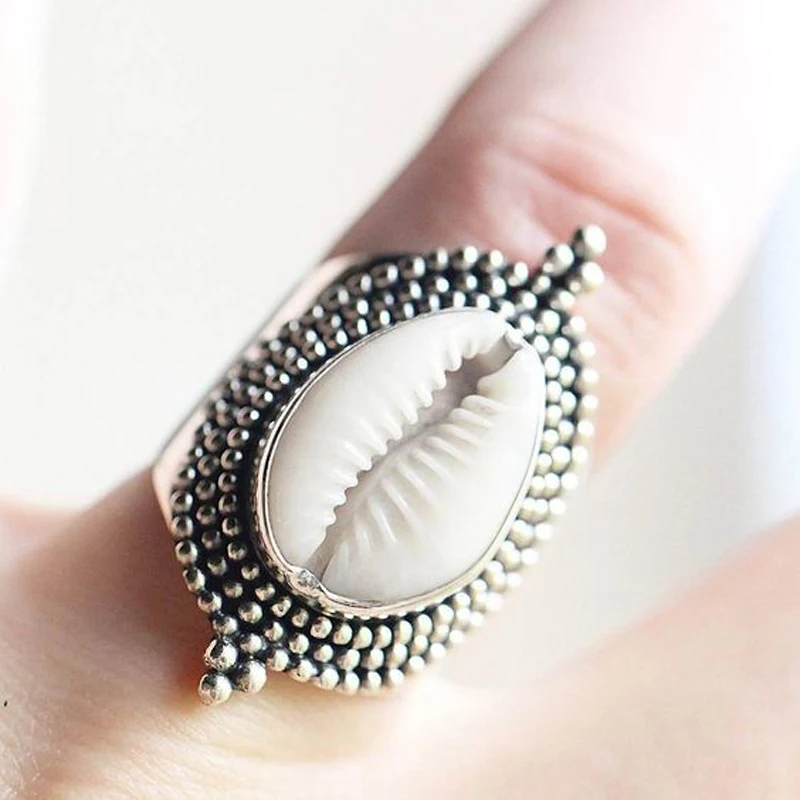 Bohemian Natural Sea Shell Antique Silver Ring for Women Summer Beach