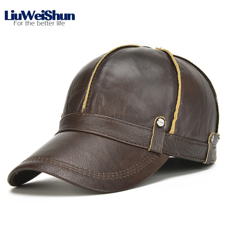 

LiuWeiShun Top Grade Winter Cowhide Geniune Leather Baseball Cap Men with earflap Quality Cow skin Bomber Hat Outdoor Dad cap