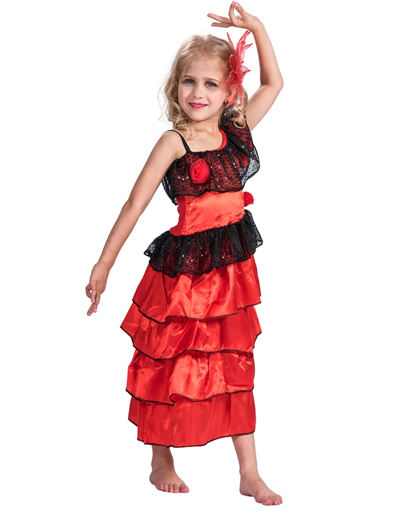 Костюм танцовщица фламенко красного цвета на Хэллоуин для детей, испанские танцевальные платья для девочек, детские кружевные аниме косплей