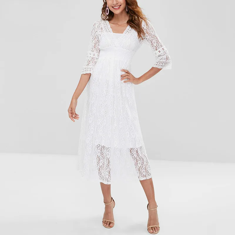 

Spring Summer Sexy Perspective Dresses In Pure Seven Sleeves Casual Lace A-Line Mid-Calf Women's Drsss
