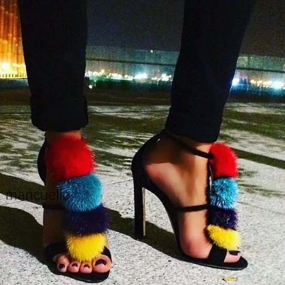 

New Arrival Women Black Suede T-Strap Buckle Stiletto Heels Cute Pompoms Decoration Open Toe Dress Sandals Pretty Girls Shoes