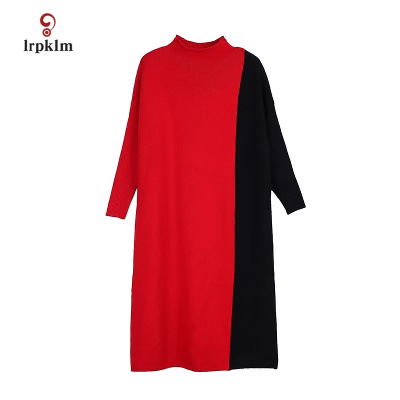 

2018 Plus Size New Women Autumn Dress Wool Knitting Sweater Winter Dresses Ladies Patchwork Loose Dress Mid-Calf PQ219