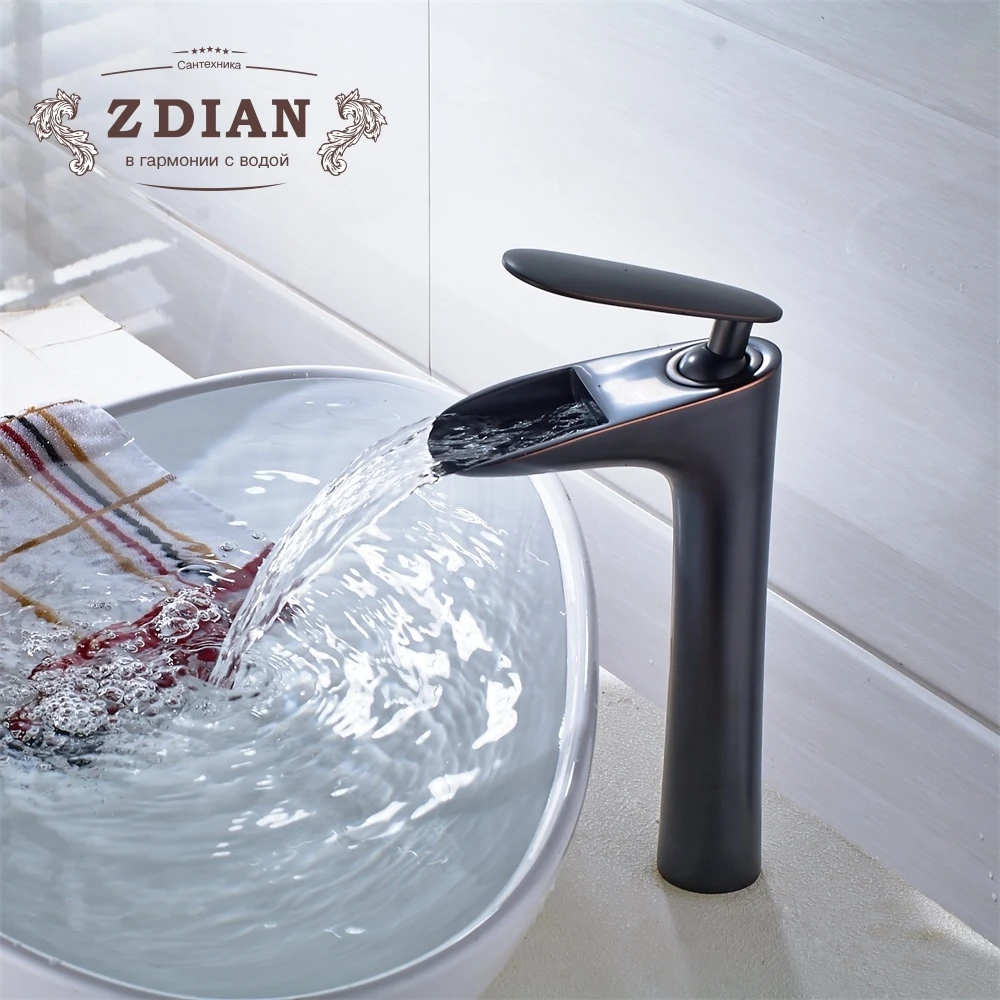 

Black Brass Basin Faucet Single Handle Waterfall Basin Mixer Tap Hot & Cold Bathroom Faucets Sink Waterfall Faucet Drain