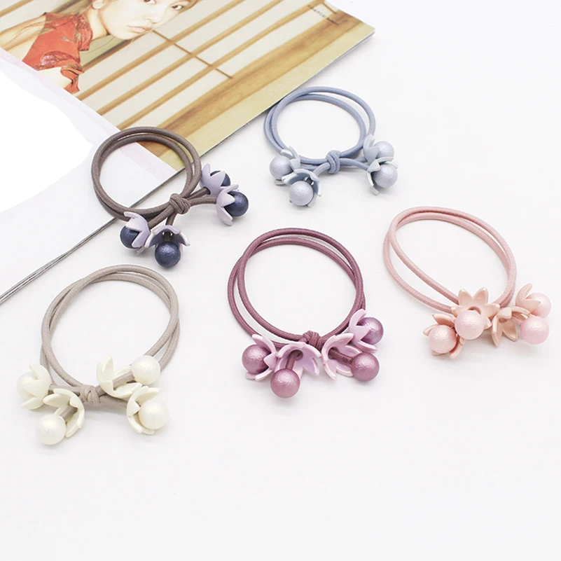 

5PCS/Lot New Korean Simple Elegant Pearls Women Hair Bands Elastic Rubber Hair Flower Ropes Ponytail Holder Hair Accessories