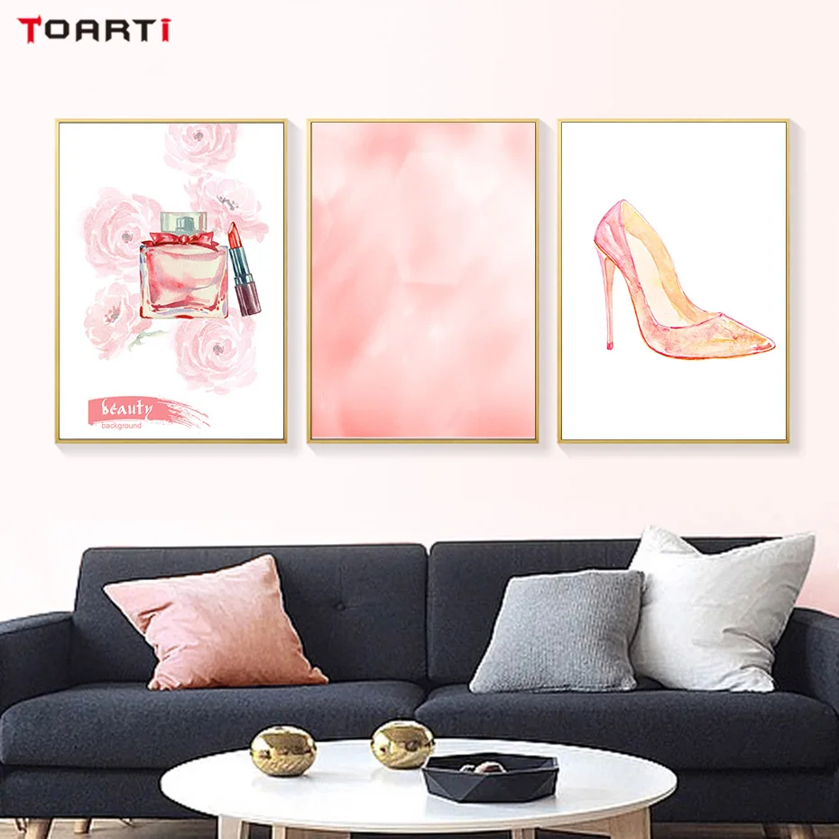 Lipstick Perfume Shoes Wall Art Pink Theme Abstract Watercolor Posters&Prints For Girls Room Decor Beautiful Gift For Christmas (3)