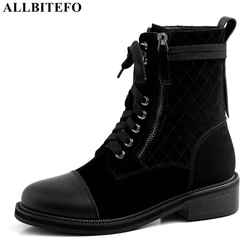 

ALLBITEFO high quality genuine leather thick heel women boots fashion brand women high heel shoes ankle boots for women martin