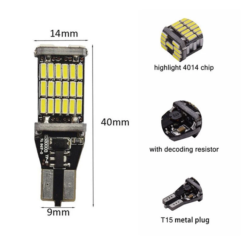 45*4014SMD LED Backup LED Light Bulbs Reverse Lamp DC 12-24V 6000K 10pcs T15 W 1200LM CANBUS Durable Practical