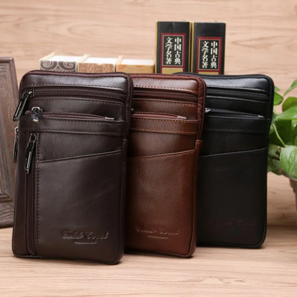 

Men Hip Bum Belt Cell Phone Messenger Bag Waist Fanny Pack Genuine Leather Purse Small Business Cross Body Shoulder Hook Bags