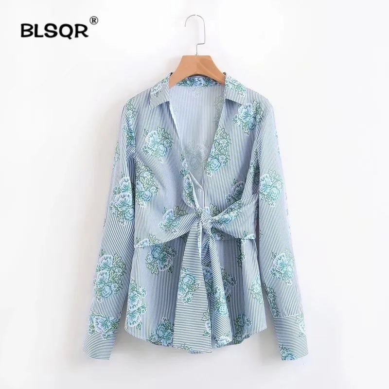 Cena BLSQR Jesień Kobiety V Neck Kwiatowy Wz oacute;r Bluzka W Paski Muszkę projekt Luźna Koszula Z Długim Rękawem Casual Bluzki Blusas Mujer 2017 Nowy