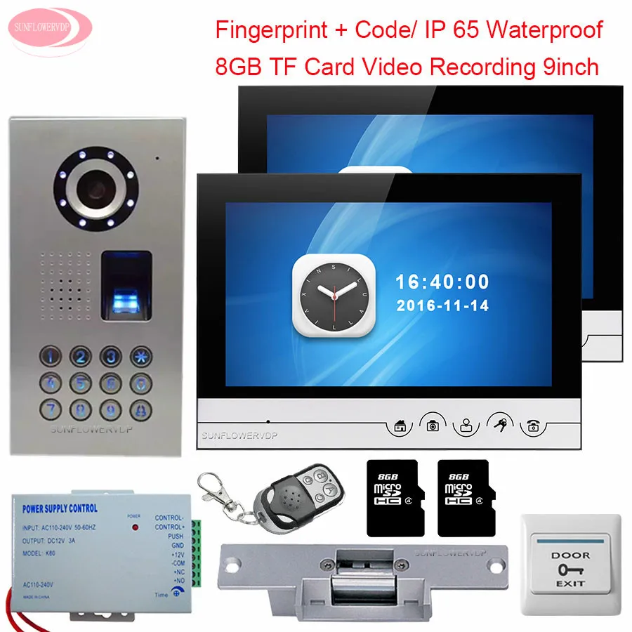 

For 2 Apartment Video Door Phone Intercom With Recording +8 GB TF Card IP65 Waterproof Fingerprint Night Vision + Electric Lock