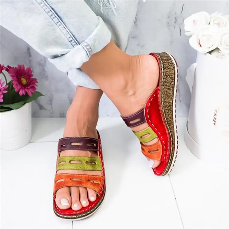 HEFLASHOR New Summer women slippers Rome Retro casual shoes Thick bottom open toe sandals beach slip on slides female - Цвет: red