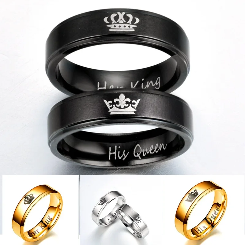 

Anillos de pareja de acero inoxidable de moda negro y plata corona su rey su pareja de la Reina joyerнa aniversario San Valentнn