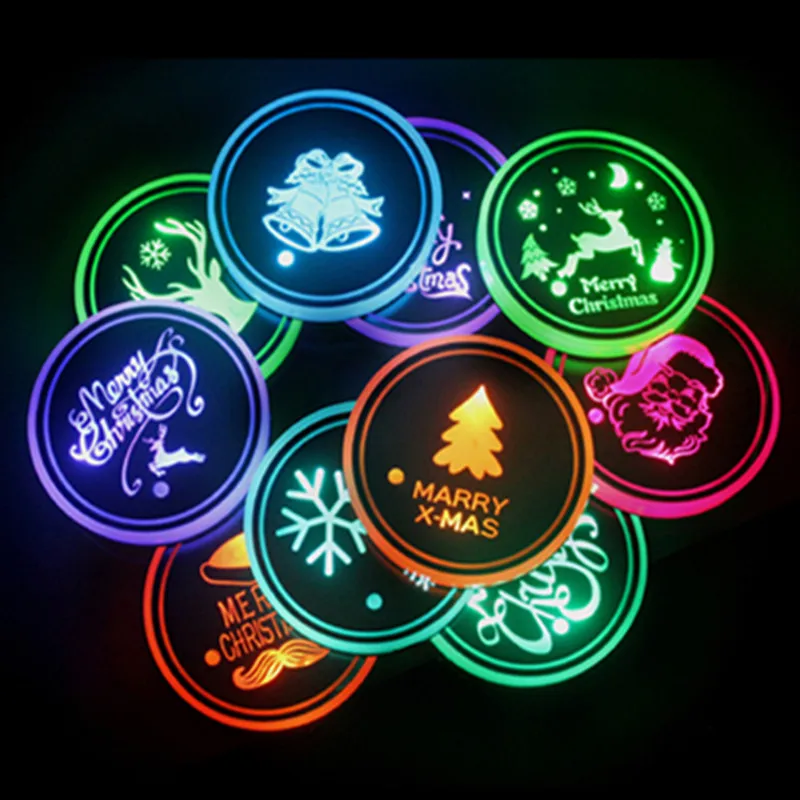 

2pcs Car LED Coaster Christmas Series Snowflake Reindeer Colorful Cup Mat Drink Holders Atmosphere Light Interior Accessories