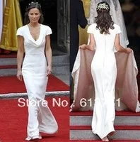 Maid of Honor Pippa Middleton Royal Bridesmaid Dresses Short Sleeves White V Neck Mermaid Evening Celebrity Gown BO1365