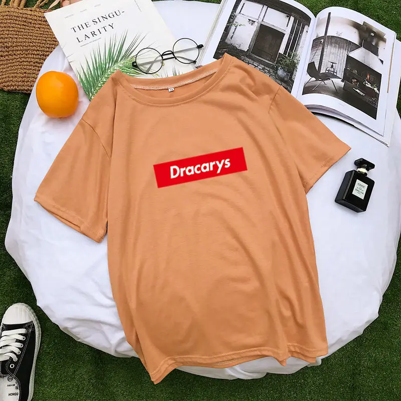 Харадзюку, летние футболки с изображением Игры престолов, женские повседневные свободные футболки с надписью Dracarys, повседневные женские футболки с коротким рукавом - Цвет: Khaki