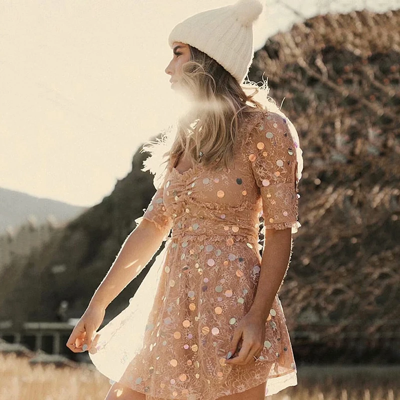 

Sweet Lace Women Sexy Mesh Dresses 2019 Summer Transparent Ruffles Dresses Ladies Bling Sequined Layered Chic Dress Evening Gown