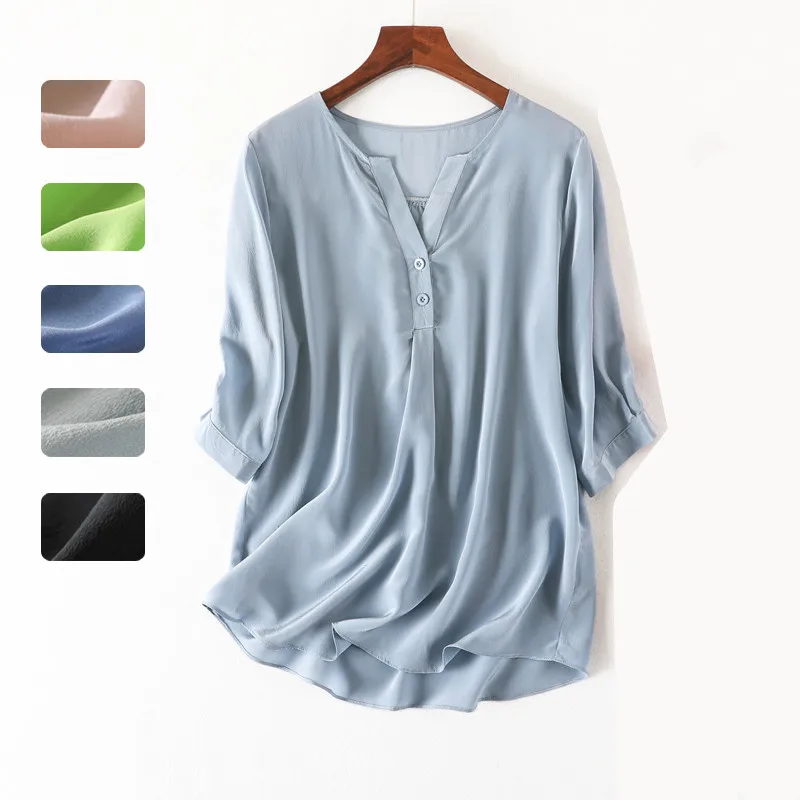 

Women Summer 100% Natural Silk Blouse Real Silk Half Sleeve Basic Shirt OL Solid Multi-color Top Shirts Silk Blouses for Women